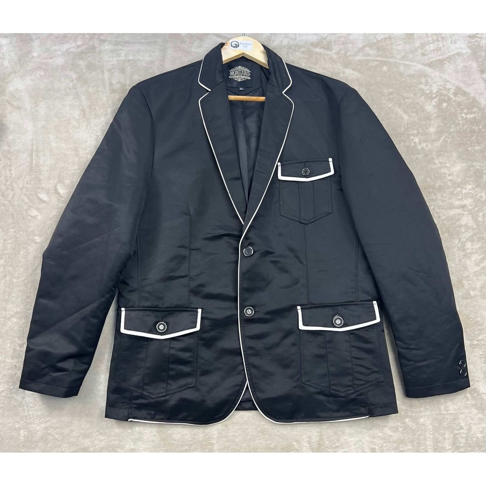 Montero Jeans Mens XL Black Blazer White Piping Utility Pockets 2 Button Jacket